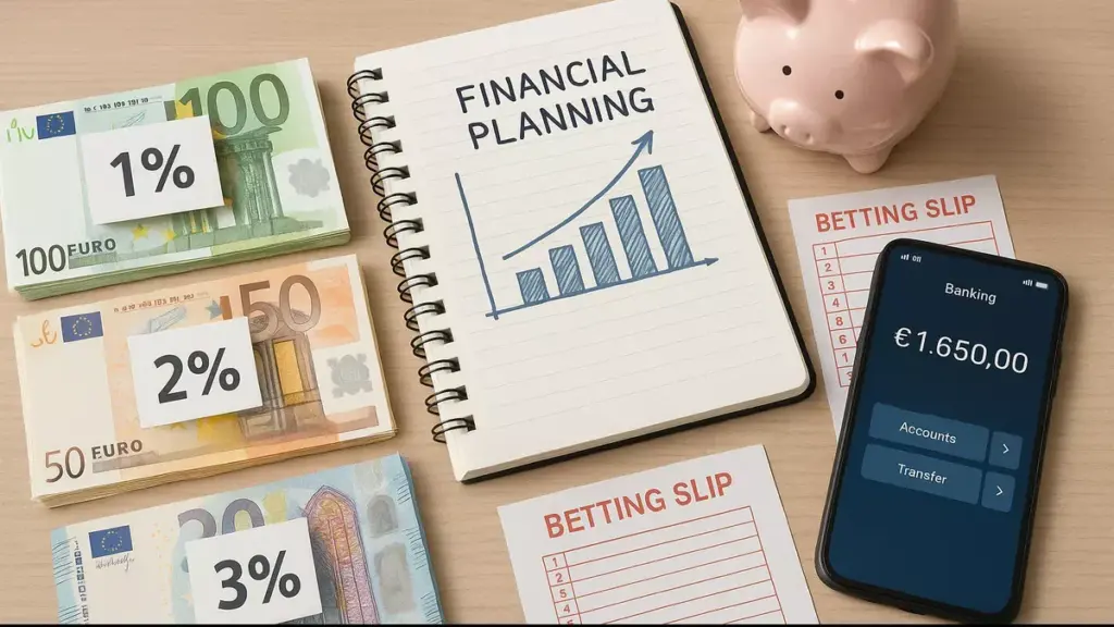 Bankroll Management: organisierte Euro-Banknoten in Prozent-Abschnitte aufgeteilt mit Taschenrechner