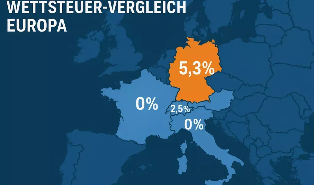 Europakarte mit Wettsteuer-Vergleich: Deutschland 5,3% vs. Österreich 0%, UK 0%, Schweiz variabel