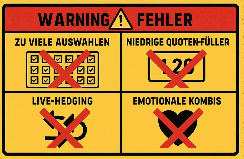 Top Kombiwetten Fehler: zu viele Auswahlen, Niedrigquoten-Füller, Live-Hedging, emotionale Wetten