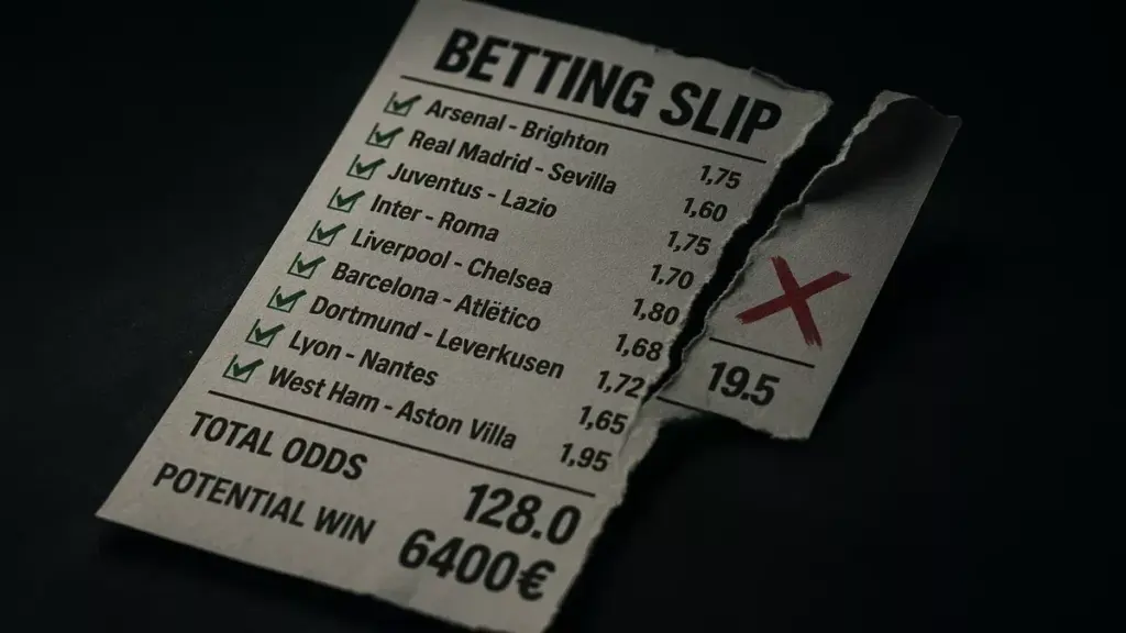 Kombiwette Wettschein mit 10 Spielen Quote 128.0: 9 gewonnen, 1 verloren, kein Gewinn