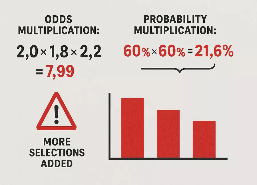 Mathematik der Kombiwetten: Quoten multiplizieren sich, Gewinnwahrscheinlichkeit sinkt exponentiell