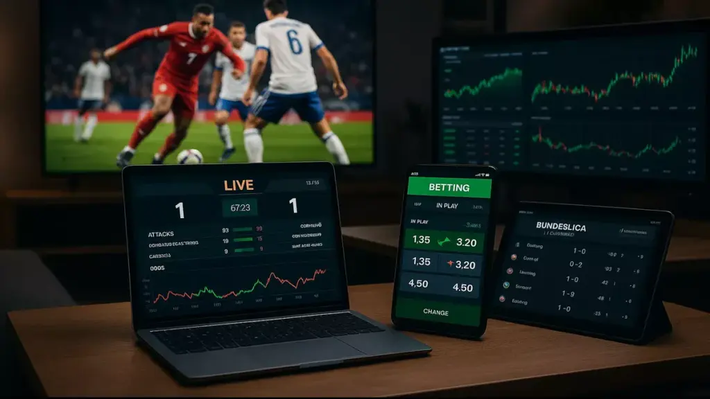 Live Wetten Setup mit Laptop, Smartphone und Live-Statistiken für erfolgreiche In-Play Strategie 2025
