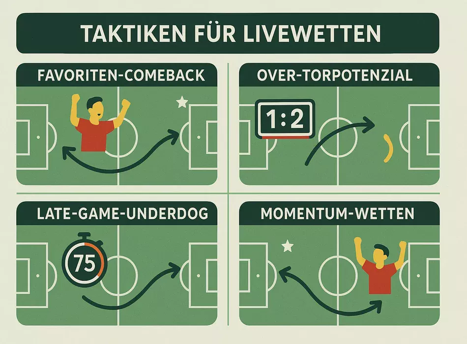 Vier bewährte Live-Wetten Strategien: Favoriten-Comeback, Over-Torpotenzial, Late-Game und Momentum