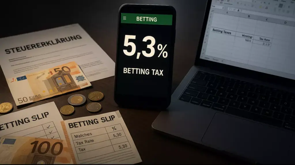 Wettsteuer 5,3 Prozent Berechnung mit Taschenrechner, Euro-Scheinen und Steuerdokumenten 2025