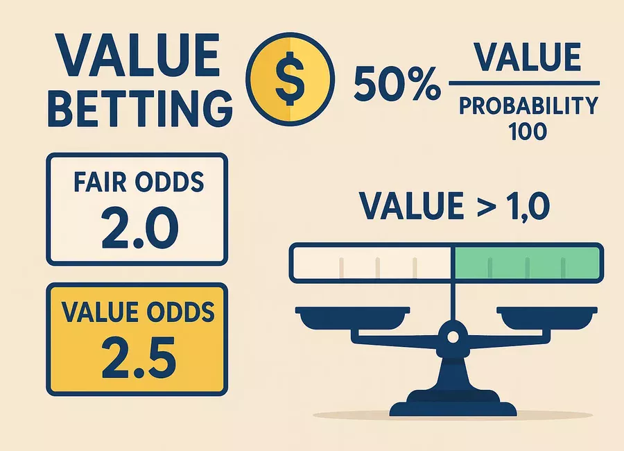 Value Betting Konzept: Münzwurf mit 50% Wahrscheinlichkeit und Quote 2.5 zeigt Value-Prinzip