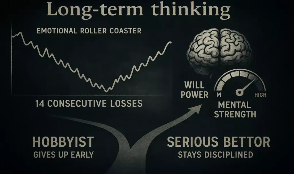 Value Betting Psychologie: Varianz mit 14 Verlusten in Folge und Erholung durch Disziplin und langfristiges Denken