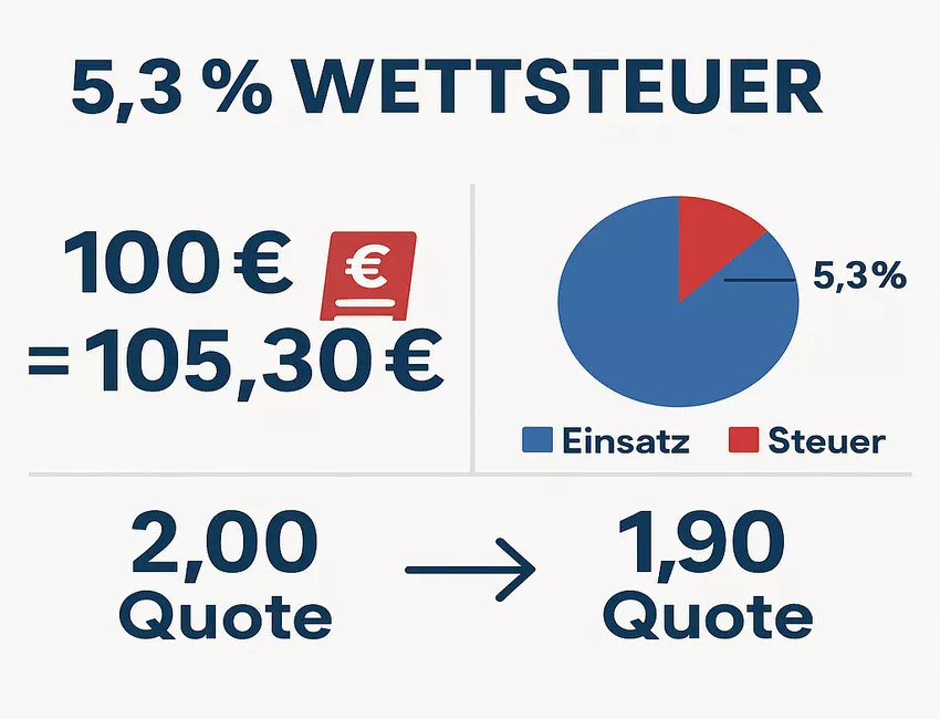 Infografik zur 5,3% Wettsteuer Berechnung: 100 Euro Einsatz bedeutet 105,30 Euro Kosten